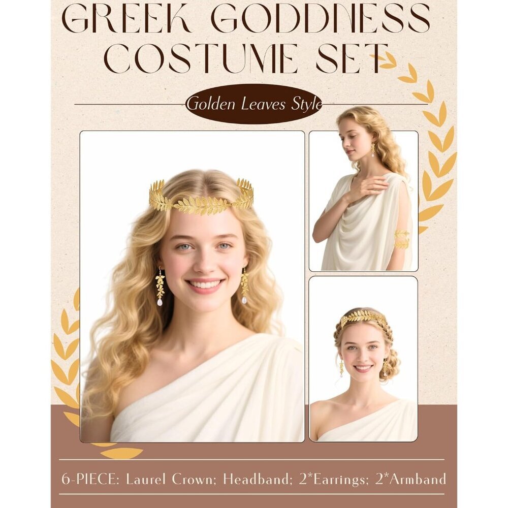 Greek Goddess Costume Accessories Set Women Laurel Crown Armbands Jewelry - Picture 2 of 7
